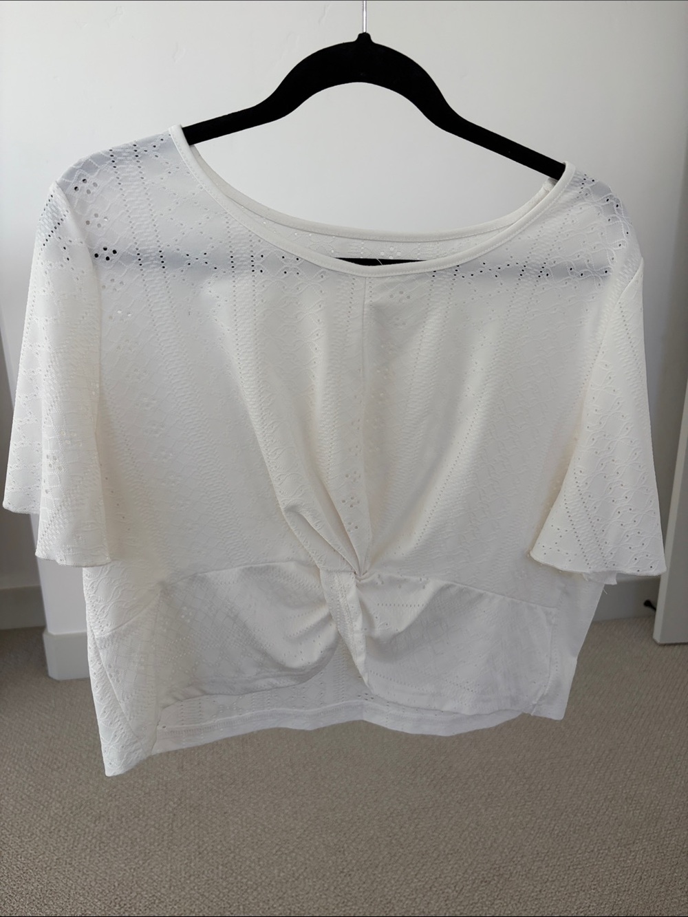 Women's White Twist-Front Eyelet Crop Top